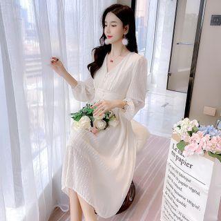 V-neck Plain Mesh Midi Dress