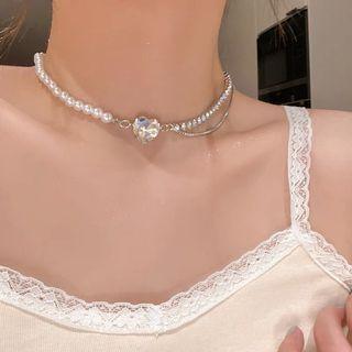 Heart Rhinestone Faux Pearl Layered Alloy Choker White - One Size