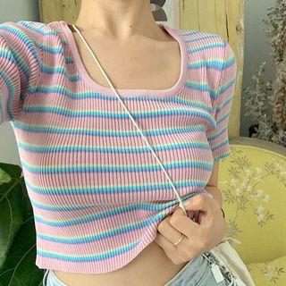 Short-sleeve Striped Cropped Knit Top Stripes - Pink & Blue - One Size