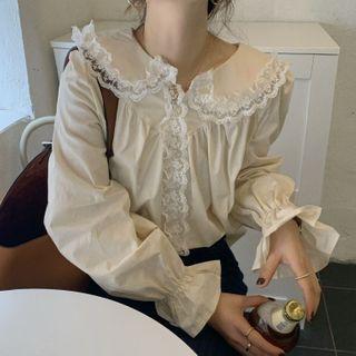 Bell-sleeve Lace Trim Collar Blouse Milky Almond - One Size