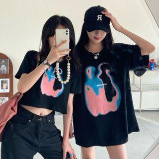 Elbow-sleeve Print T-shirt / Short-sleeve Cropped T-shirt