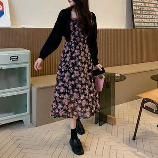 Spaghetti Strap V-neck Floral Dress / Long-sleeve Plain Cardigan