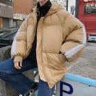 Contrast-trim Lettering Hooded Padded Zip Jacket