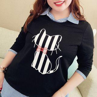 Mock Two-piece Cat Print Long-sleeve Top