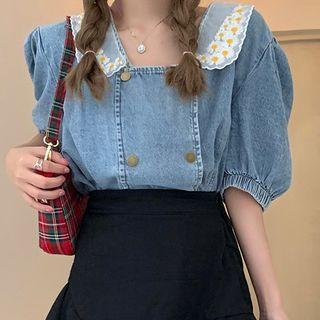 Floral Print Collared Puff-sleeve Cropped Denim Blouse