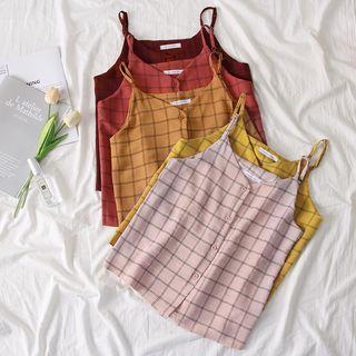 Sleeveless Button-down Checked Crop Top