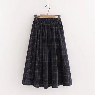 Plaid Midi A-line Skirt Plaid - Navy Blue - One Size
