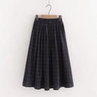 Plaid Midi A-line Skirt Plaid - Navy Blue - One Size