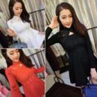 Lace Panel Long-sleeve A-line Dress