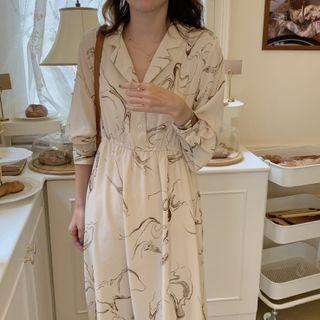 Long-sleeve Open-collar Marble Print Midi A-line Dress