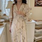 Long-sleeve Open-collar Marble Print Midi A-line Dress