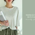 Linen Blend Stripe T-shirt Khaki - One Size