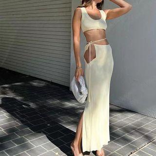 Set: Sleeveless Plain Crop Tank Top + Midi A-line Skirt
