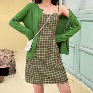 Spaghetti-strap Plaid Dress / Plain Cardigan