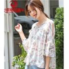 Floral Elbow-sleeve Chiffon Blouse