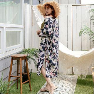 Deep-slit Foliage Long Robe Cardigan