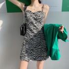 Long-sleeve Plain Shirt / Zebra Print Pinafore Dress