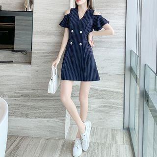 Pinstriped Cold-shoulder Double-breasted Mini A-line Dress