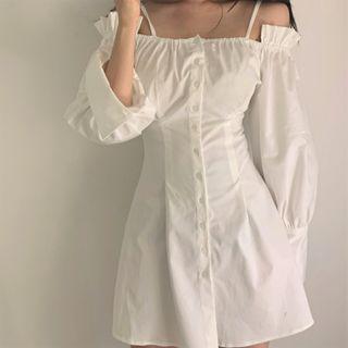 Long-sleeve Cold Shoulder Buttoned A-line Mini Dress