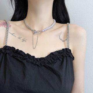 Heart Faux Crystal Choker Silver & White - One Size