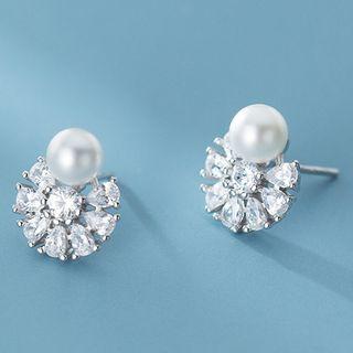 925 Sterling Silver Faux Pearl Rhinestone Flower Earring 1 Pair - S925 Silver - Silver - One Size