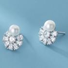 925 Sterling Silver Faux Pearl Rhinestone Flower Earring 1 Pair - S925 Silver - Silver - One Size