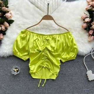 Off-shoulder Puff-sleeve Drawstring Top