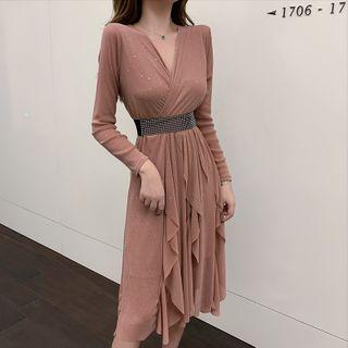 Long Sleeve V-neck Sequined A-line Dress