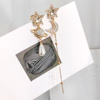 Non-matching Rhinestone Planet Moon & Star Faux Pearl Dangle Earring