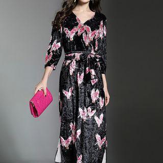 3/4-sleeve Printed Velvet A-line Midi Dress