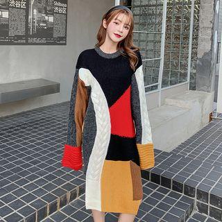 Color Block Midi Sweater Dress Black & Red & White & Yellow - One Size
