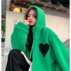 Fleece Heart Print Loose-fit Hooded Jacket Green - One Size
