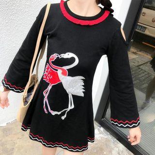 Long-sleeve Embroidered A-line Mini Knit Dress