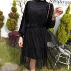 Set: Mock-neck Velvet Dress + Spaghetti-strap Sheer Dress Black - One Size