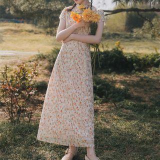 Short-sleeve Floral Print Cutout Midi Qipao