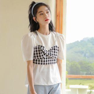 Elbow-sleeve Mock Two-piece Plaid Panel Top