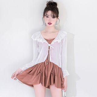Set: Frill Trim Tie-front Coverup + Swimdress