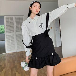 Long-sleeve Flower Shirt / Bow Suspender Mini A-line Skirt