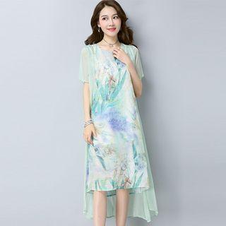 Printed Short-sleeve Midi Mock Two-piece Dress