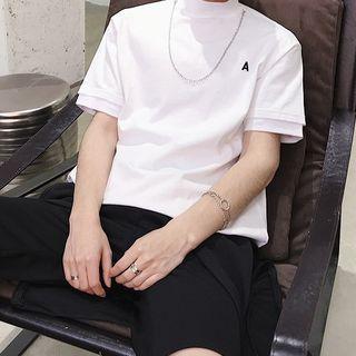 Mock-neck Chain Accent Letter Embroidered T-shirt