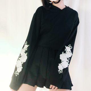 Set: Rose Embroidered Hoodie + Mini A-line Pleated Skort