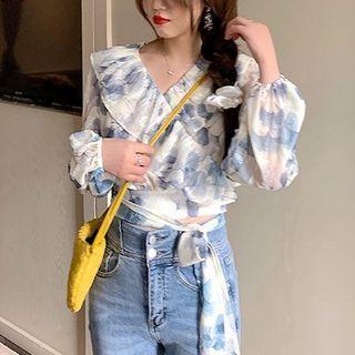 Balloon-sleeve Ruffled Mesh Blouse