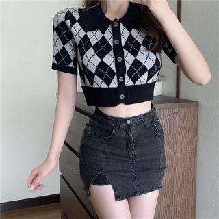 Plaid Cropped Polo Shirt / High-waist Side-slit Denim Mini Skirt
