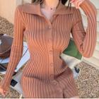 Long-sleeve Button Mini Sheath Knit Dress