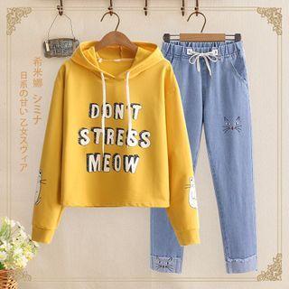 Lettering Hoodie / Cat Embroidered Straight-cut Jeans / Set
