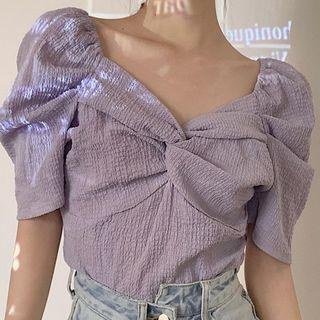 Puff-sleeve Twisted Front Crop Top