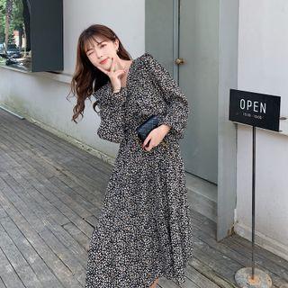 V-neck Long-sleeve Floral Chiffon Dress