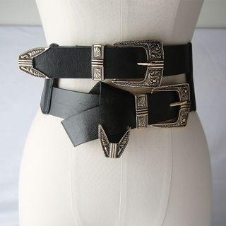 Embossed Alloy Buckled Layered Faux Leather Belt Black - One Size