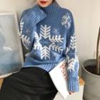 Mock Neck Snowflake Pattern Sweater Blue - One Size