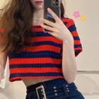 Short-sleeve Striped Knit Crop Top Red - One Size